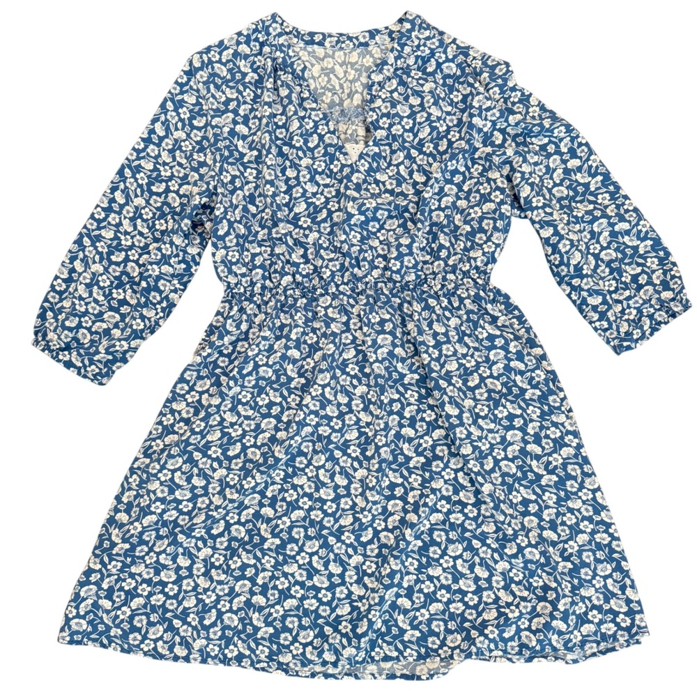 Blue White Floral‎ Cottagecore Babydoll Dress 3/4 Sleeve with Pockets Size S